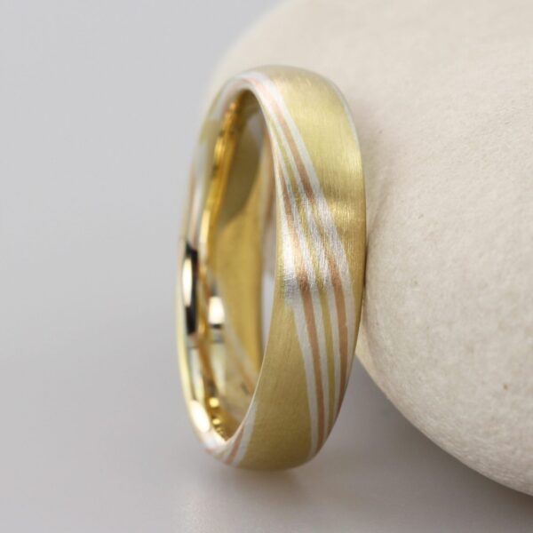 The Hayakawa: 18ct Yellow Gold Mokume Gane Wedding Ring with 18ct Rose Gold and Silver