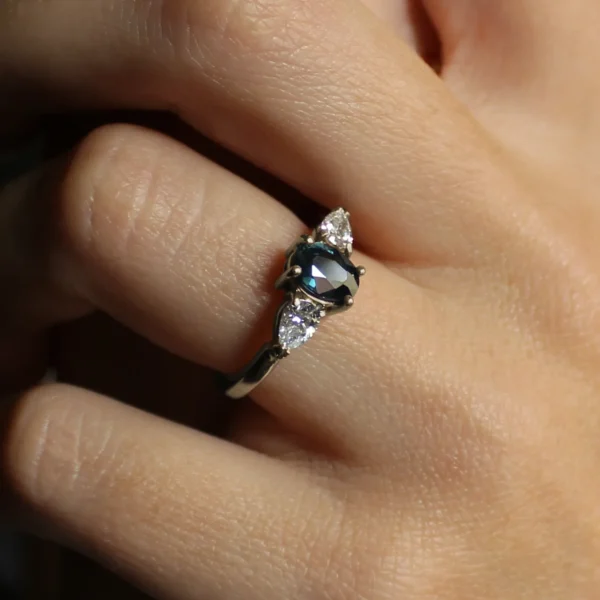 The Borland: Handmade 18ct White Gold Oval Teal Sapphire Engagement Ring with Pear Cut Diamonds or Moissanite