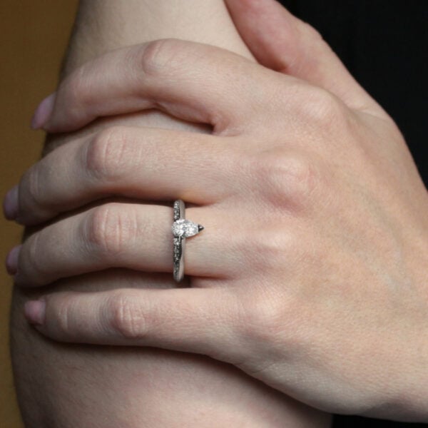 The Leacann: 950 Platinum Pear Cut Diamond or Moissanite Engagement Ring with Pave Set Shoulders