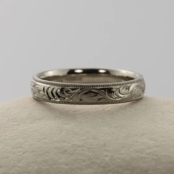The Eden: Hand Engraved Forest Canopy 950 Platinum Ring with Milgrain Edge