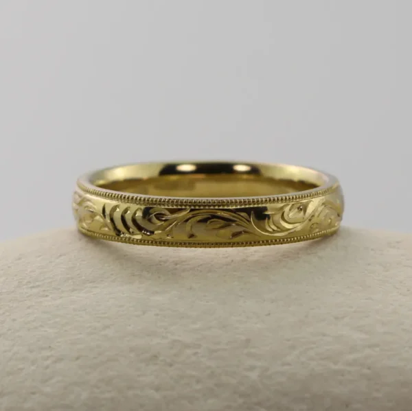 The Eden: Hand Engraved Forest Canopy 18ct Yellow Gold Ring with Milgrain Edge