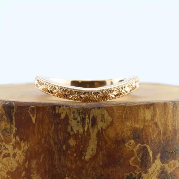 The Lune: Hand Engraved Orange Blossom 18ct Rose Gold Ring with Milgrain Edge and Bespoke Curve