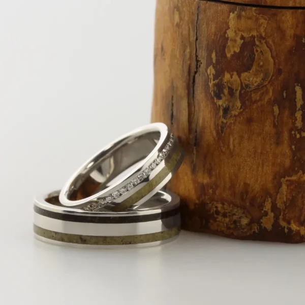 The Denes: Matching Set of 950 Platinum Bespoke Double Inlay Rings