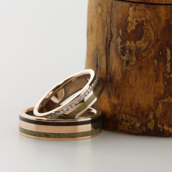 The Denes: Matching Set of 18ct Rose Gold Bespoke Double Inlay Rings