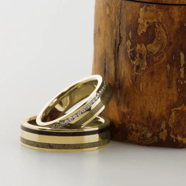 The Denes: Matching Set of 18ct Yellow Gold Bespoke Double Inlay Rings
