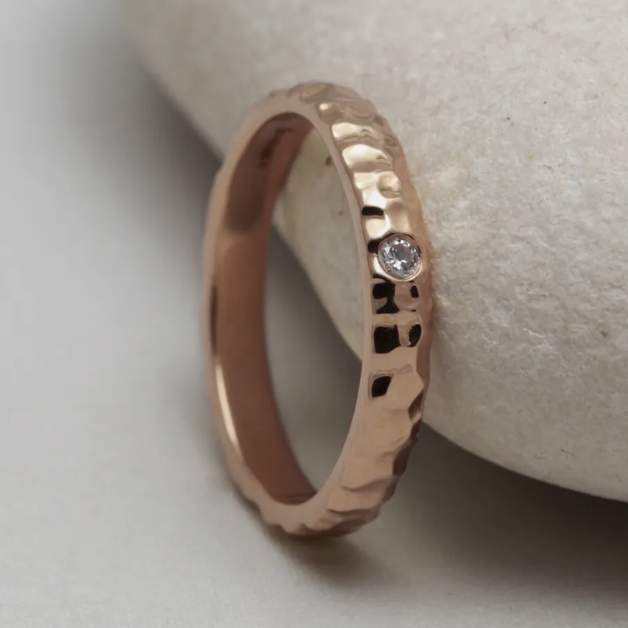 Ethical Hammered 18ct Rose Gold Diamond Wedding Ring