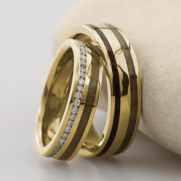 The Denes: Matching Set of 18ct Yellow Gold Bespoke Double Inlay Rings