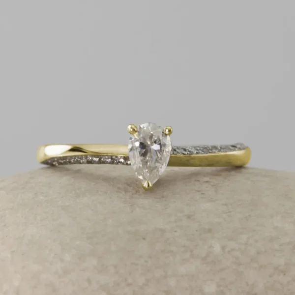The Tywi: Handmade 14ct Gold Pear Cut Solitaire Engagement Ring with Pavé Set Shoulders