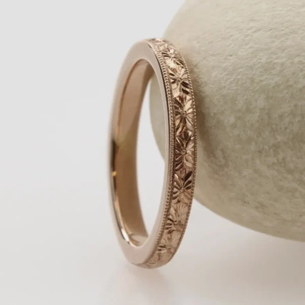 The Greta: Hand Engraved Orange Blossom 18ct Rose Gold Ring with Milgrain Edge