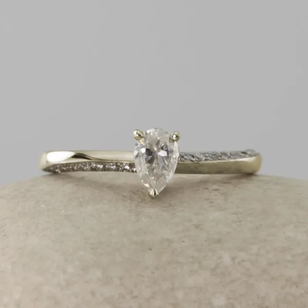 The Tywi: Handmade 18ct White Gold Pear Cut Solitaire Engagement Ring with Pave Set Shoulders