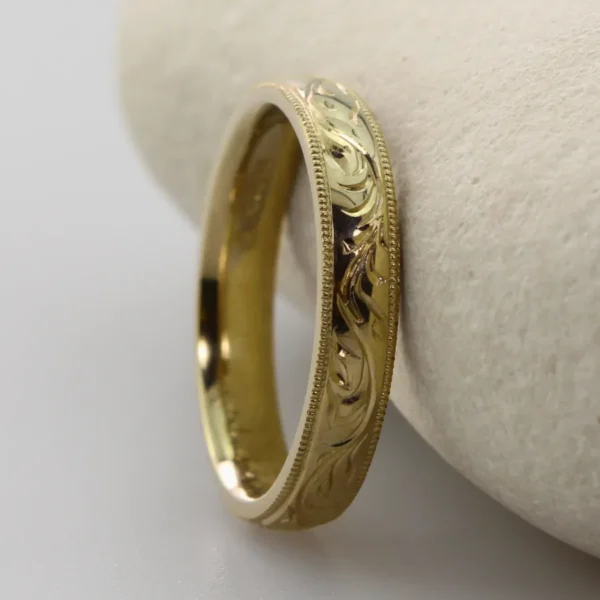 The Eden: Hand Engraved Forest Canopy 18ct Yellow Gold Ring with Milgrain Edge