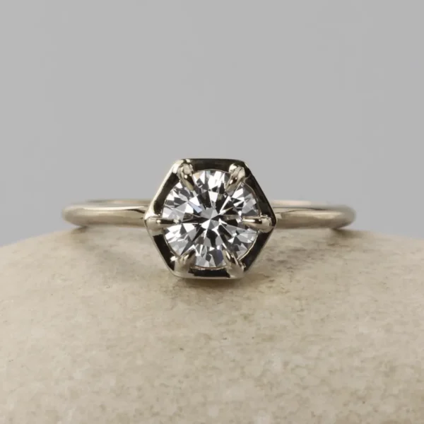 The Douglas: 14ct White Gold Hexagon Claw Set Diamond or Moissanite Solitaire Engagement Ring