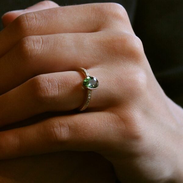 The Burntollet: 18ct Gold Partial Collet Oval Tourmaline Engagement Ring with Pavé Set Diamond Shoulders