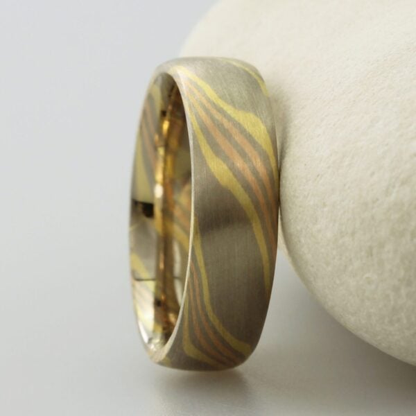 The Hayakawa: 18ct White Gold Mokume Gane Wedding Ring with 18ct Yellow and 18ct Rose Gold