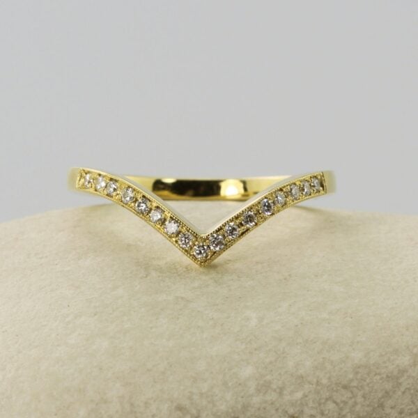 The Dee: Recycled 18ct Yellow Gold Bespoke Contoured Point Bead Set Diamond or Moissanite Ring