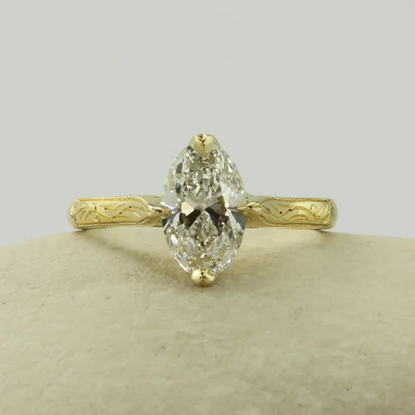 The Volta: Hand Engraved 18ct Yellow Gold Diamond or Moissanite Engagement Ring