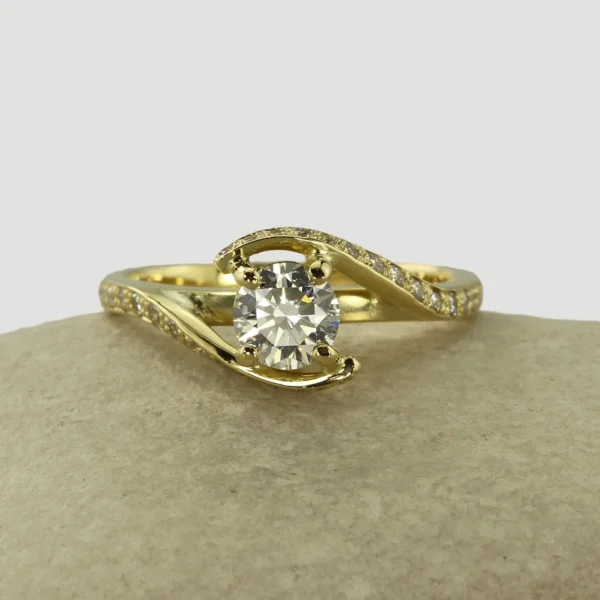 The Coquet: 18ct Yellow Gold Swirl Bypass Diamond or Moissanite Engagement Ring with Pavé Band
