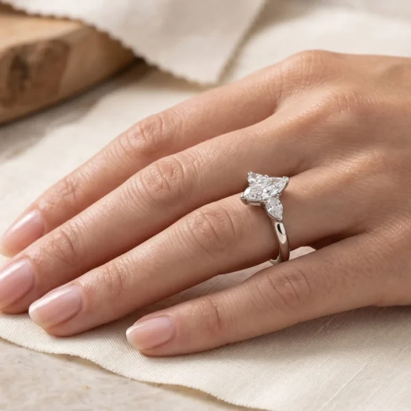 The Liza: Handmade 18ct White Gold Marquise and Pear Trilogy Diamond or Moissanite Engagement Ring